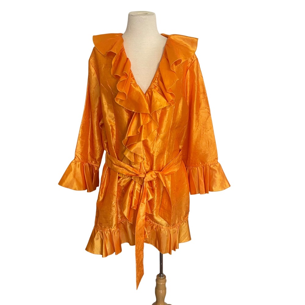 Vintage Jerry T. Orange Ruffled Tie Waist Long Sleeve Blouse‎ Top Women Size XXL